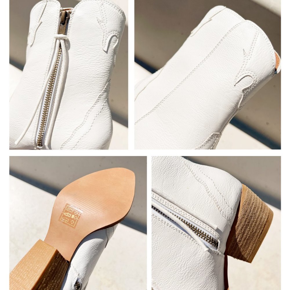 NEW Pointy Toe Stack Block Heel Zip Up Western Ankle Booties Boots Off White - Picture 11 of 16